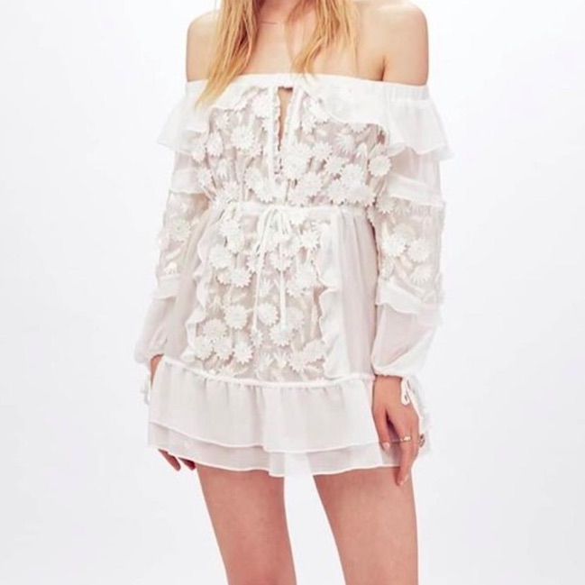 For Love & Lemons White Off-Shoulder Floral Mini Dress